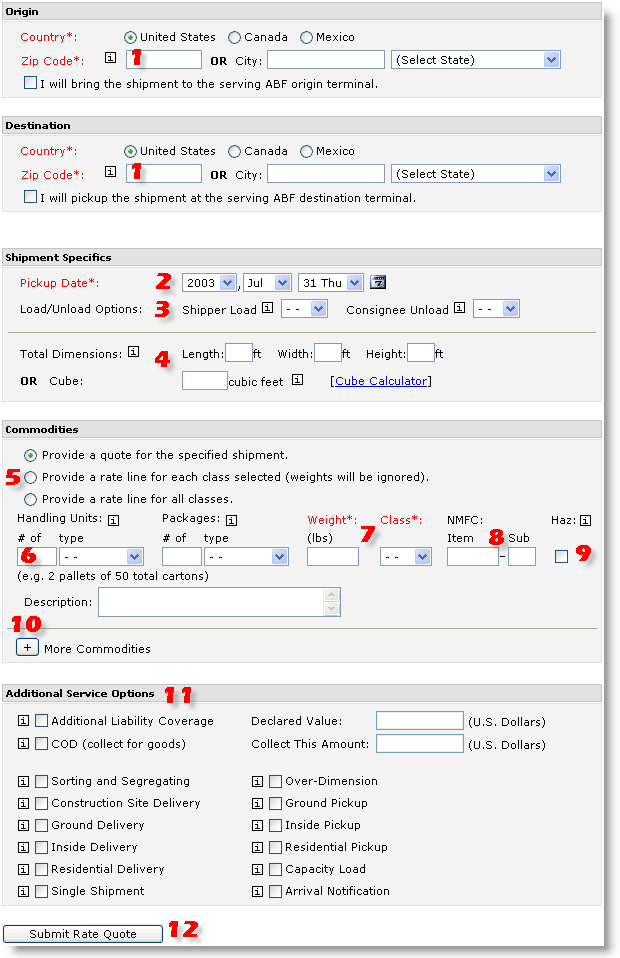 ABF Freight System, Inc. Rate Quotation Info Page